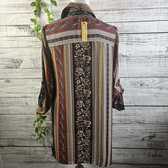 Melissa Paige Blouse Tunic size Small Burgundy Gold Paisley Sheer Lagenlook Slim - Picture 11 of 12